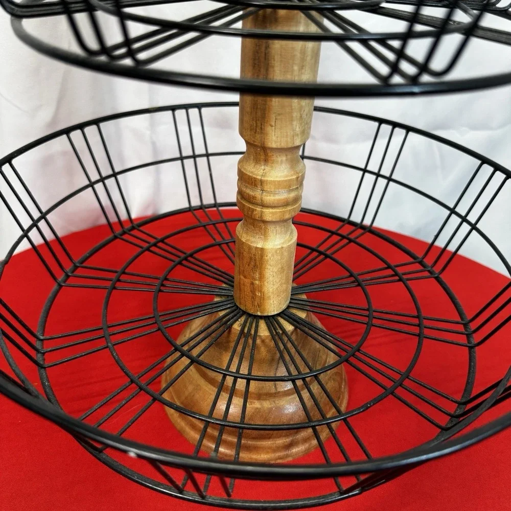 Fruit/Veg Basket 2‎ Tier Wood & Wire. Countertop Storage/Display